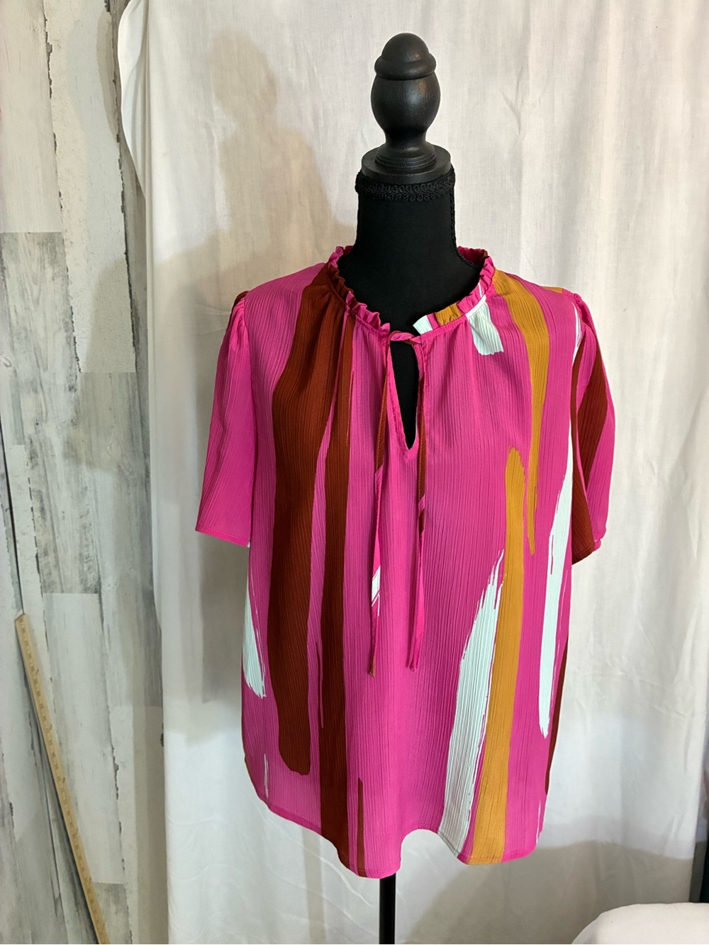 Nine West Pink Abstract Stripe Tie-Front Blouse